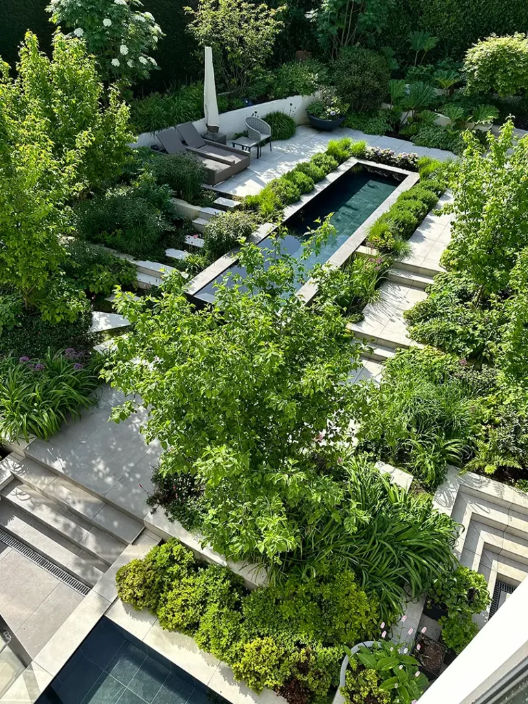 Aerial view of a modern garden designed by Trevor Brown Architect, featuring lush greenery, a rectangular reflecting pool, lounge chairs, and paved walkways—a perfect extension to any interior design or home refurbishment.